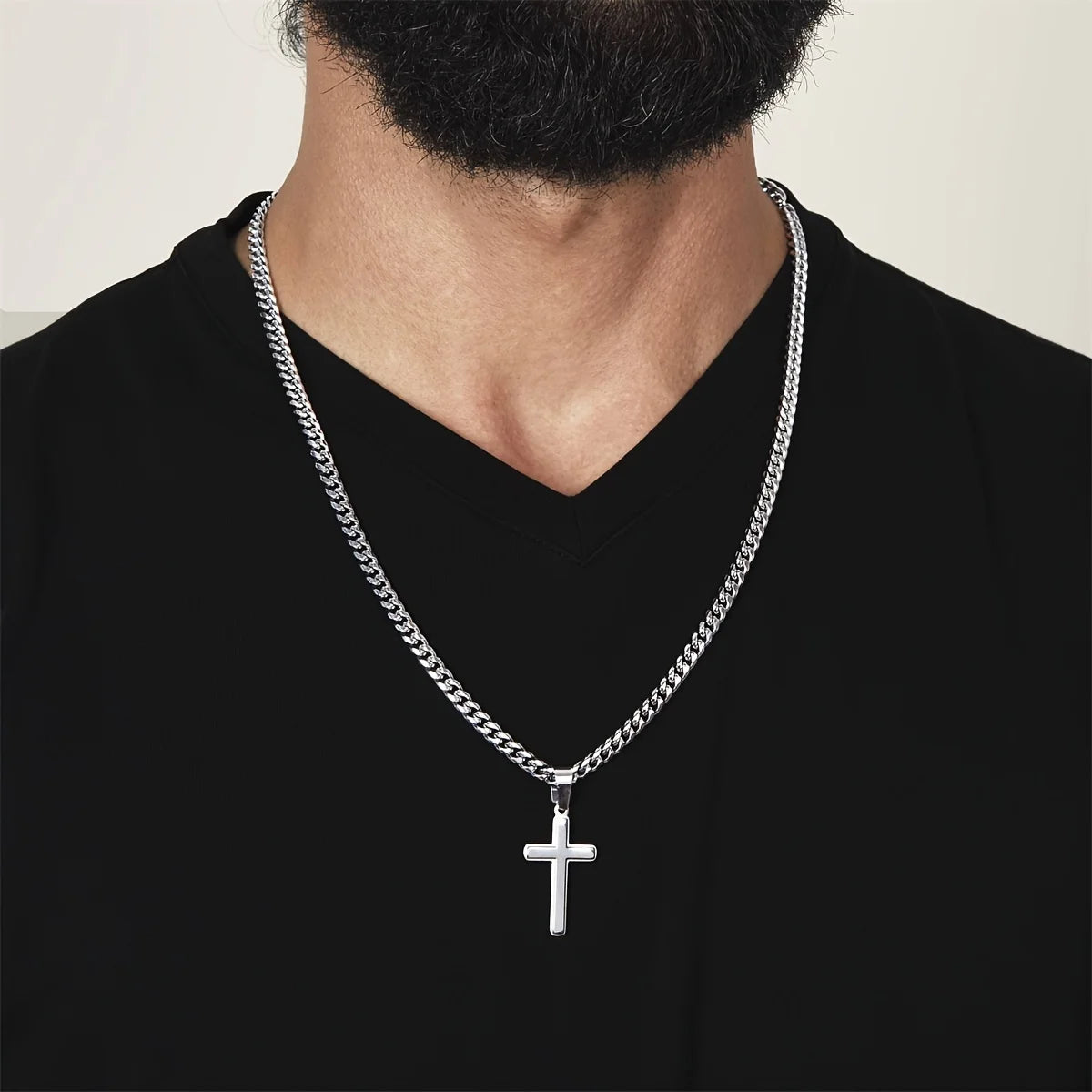 Cross + Stainless Steel Cuban Chain + Gift Box + Card Men's Necklace Set As A One-year Anniversary Gift For Boyfriend