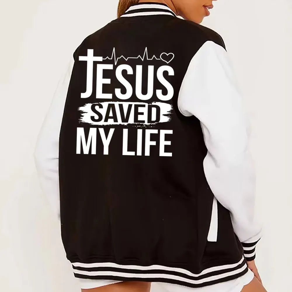 Jesus Saved My Life Varsity Jacket – Faith Streetwear Baseball Jacket