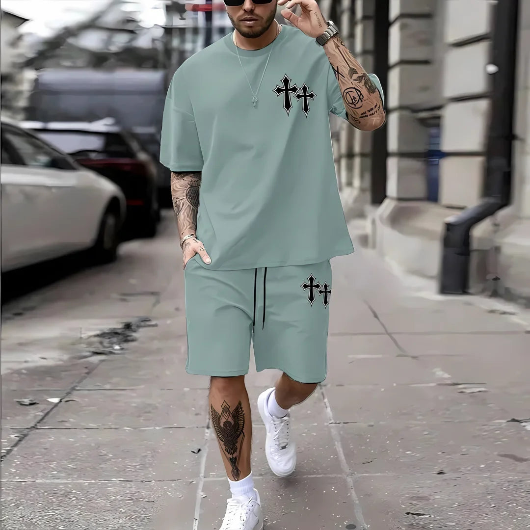 Men’s Cross Print Summer Tee & Shorts Set