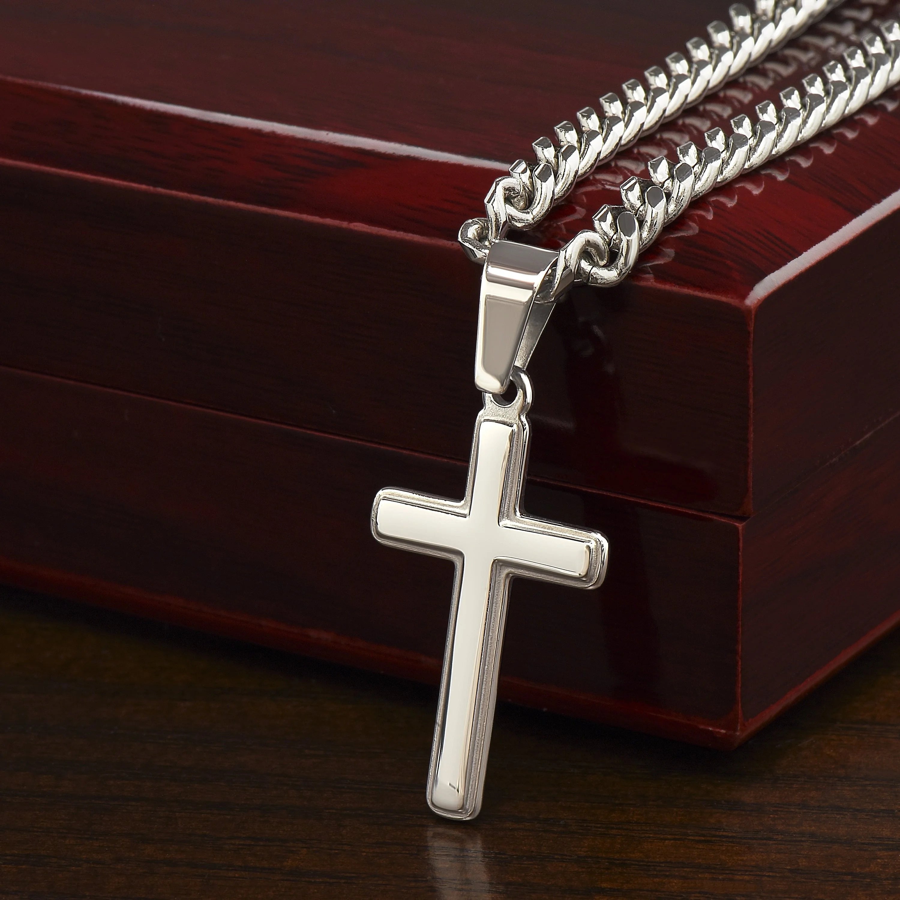 Cross + Stainless Steel Cuban Chain + Gift Box + Card Men's Necklace Set As A One-year Anniversary Gift For Boyfriend