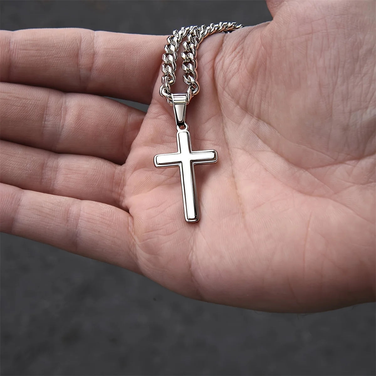 Cross + Stainless Steel Cuban Chain + Gift Box + Card Men's Necklace Set As A One-year Anniversary Gift For Boyfriend