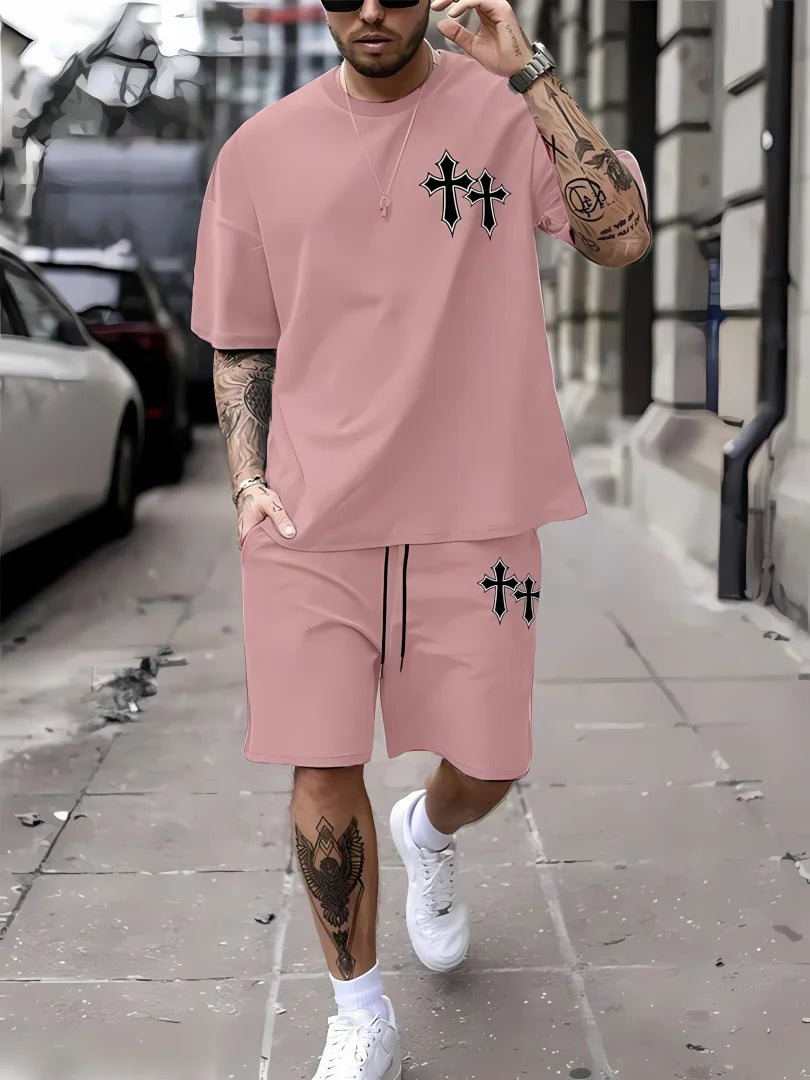 Men’s Cross Print Summer Tee & Shorts Set
