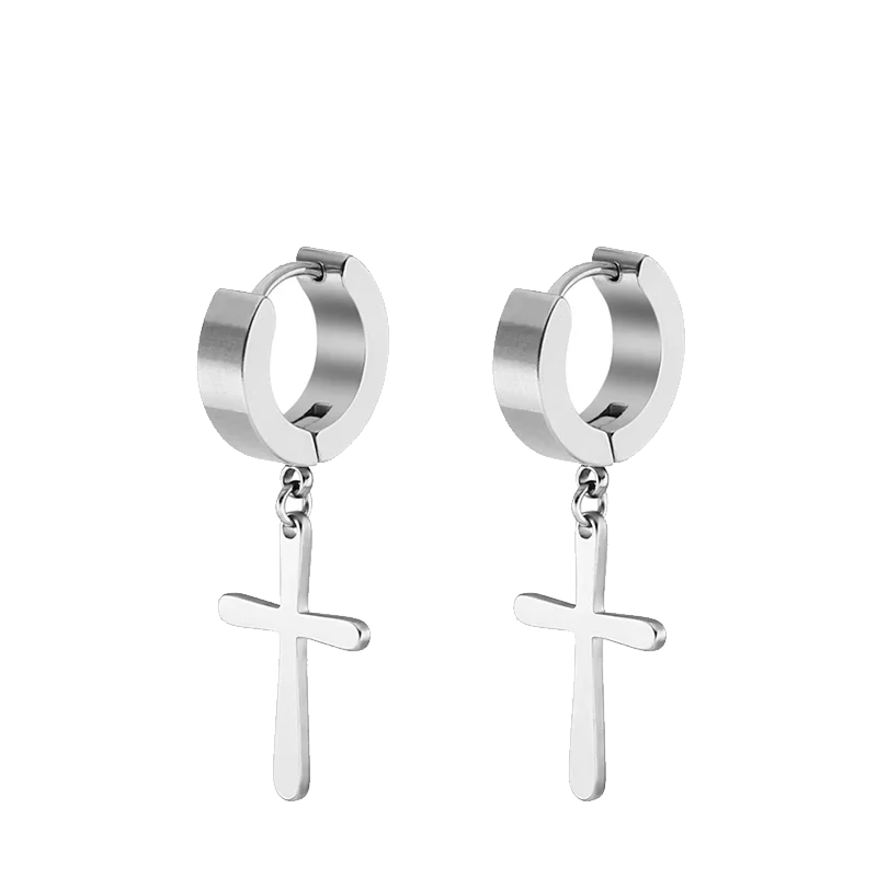 2pc Stainless Steel Men Cross Stars Punk Dangle Earrings Gothic Woman Cross Ear Hoop Earrings Huggies Pendant Piercing Jewelry