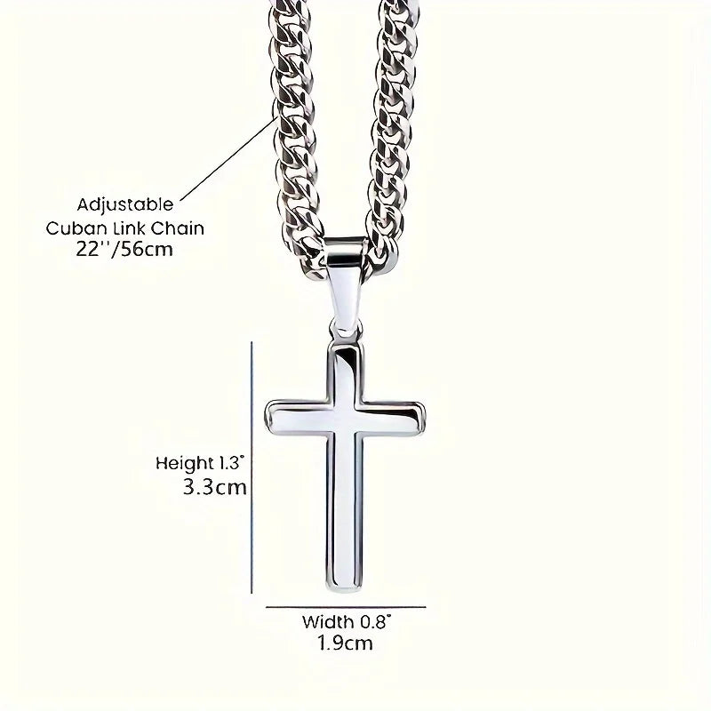 Cross + Stainless Steel Cuban Chain + Gift Box + Card Men's Necklace Set As A One-year Anniversary Gift For Boyfriend